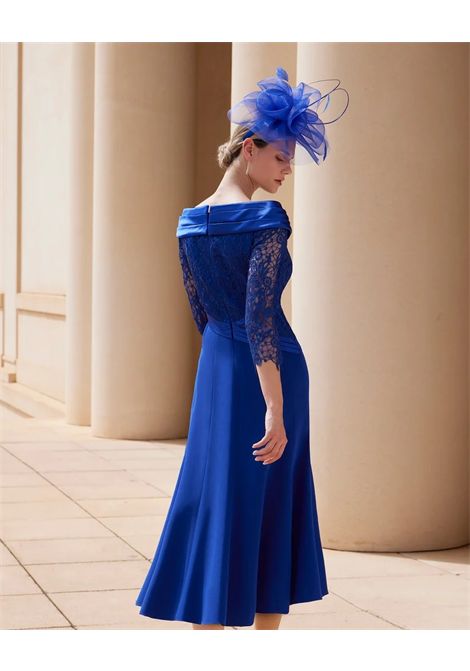 Abito da Cerimonia Midi Blu Reale in Pizzo e Raso con Scollo Omero COUTURE CLUB | Abiti | 7G1C7TRIEP510COBALTO